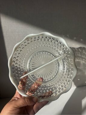 Clear Hobnail Ruffled Edge White Opalescent Divided Glass Plate Serving Dish 7”